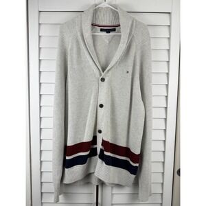Tommy Hilfiger Cardigan XL Gray Shawl Collar Striped Hem Ribbed Knit